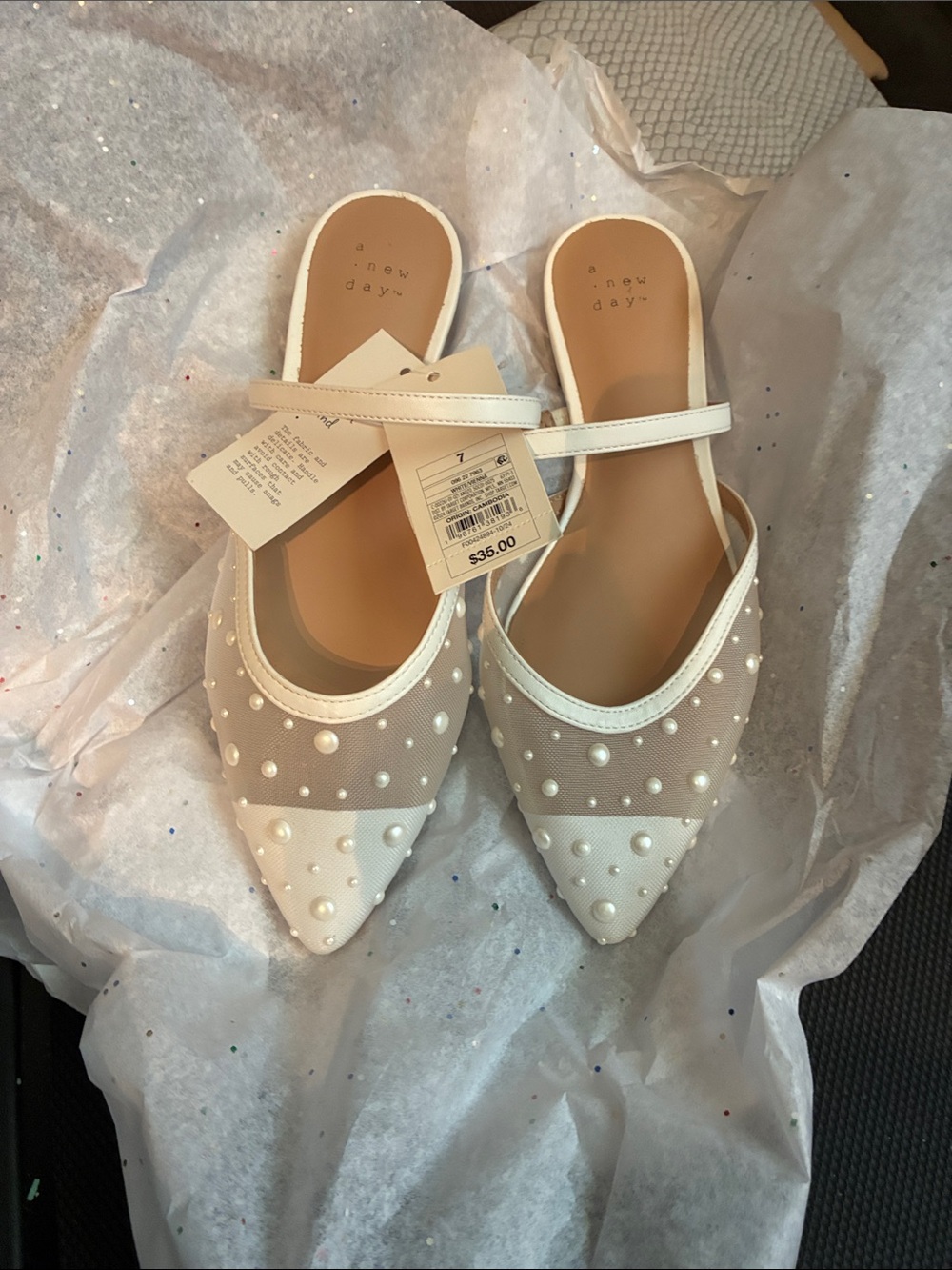 a new day Cream Pearl-Embellished Pointed Mesh Mules